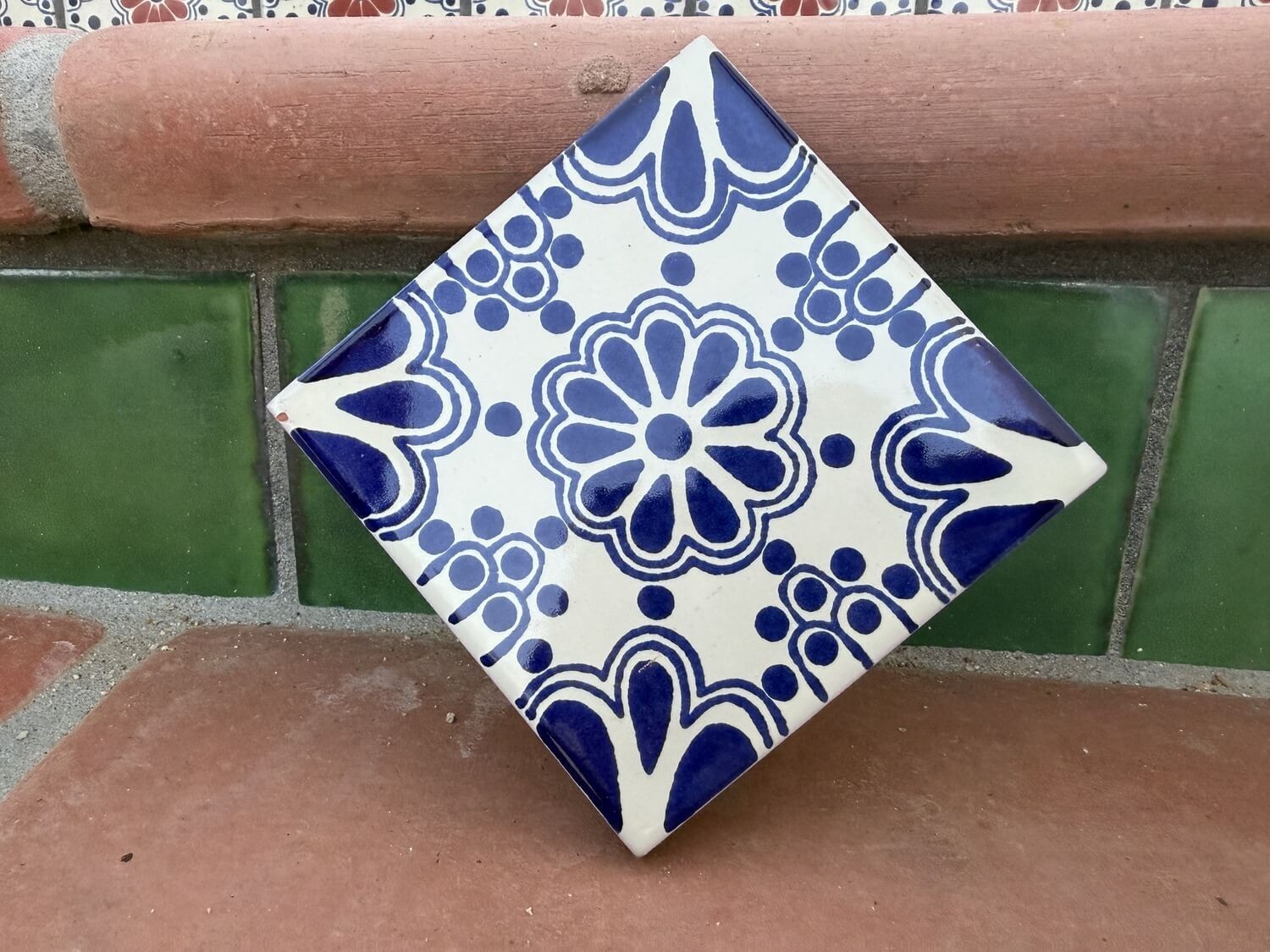 Cobalt Rosette Medallion Talavera Tile 4.25” x 4.25” | Handmade Mexican Tile