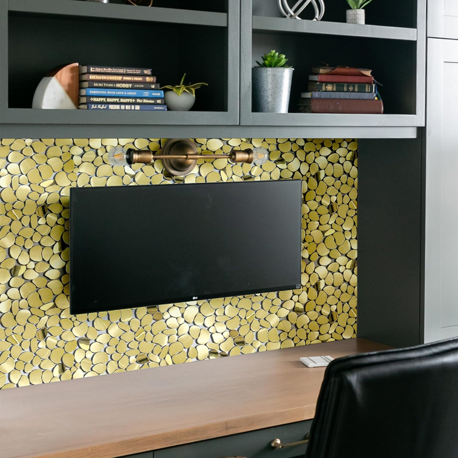 Golden Metal Pebble Mosaic Tiles, 5 Sheets Stainless Steel Backsplash Mesh Mount