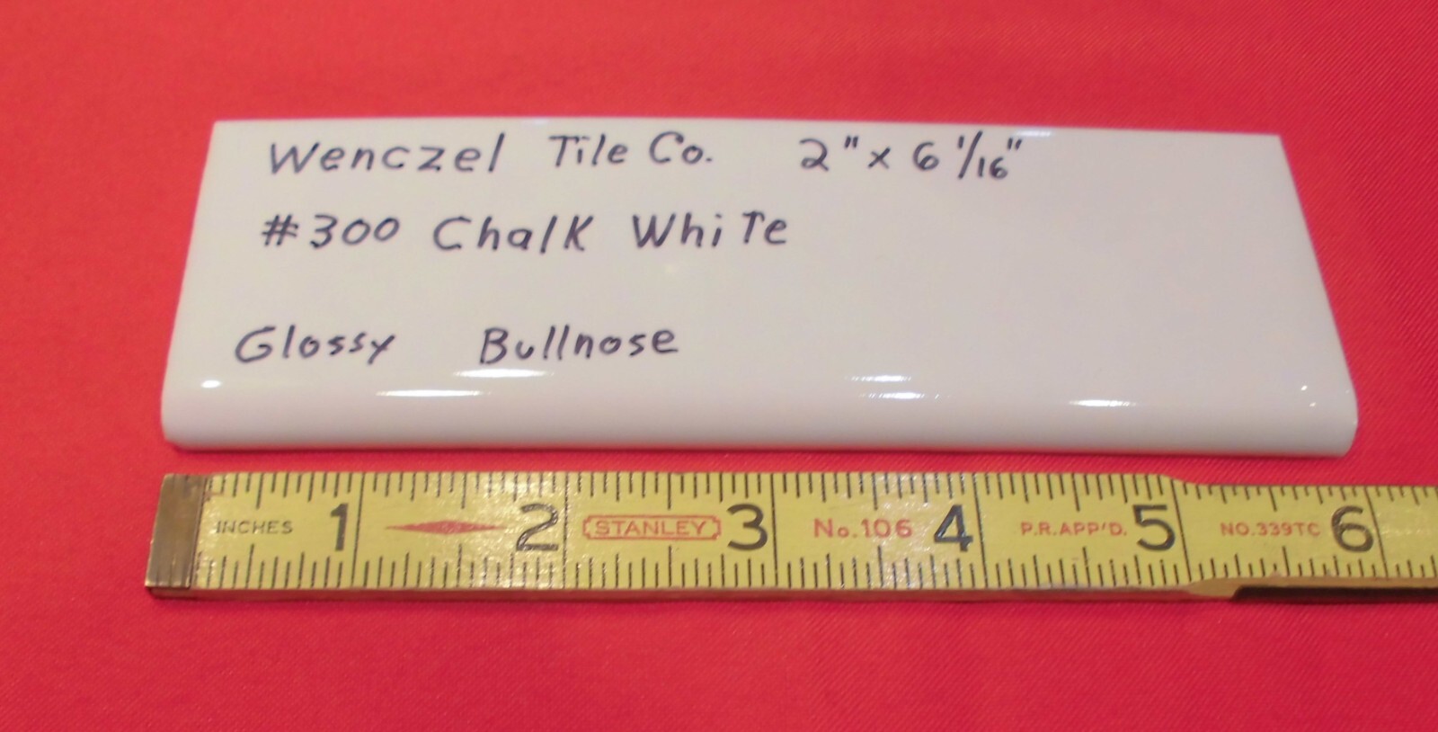 1 pc. Chark White: Glossy Ceramic Bullnose Tile by Wenczel 2″ X 6-1/16″ NOS