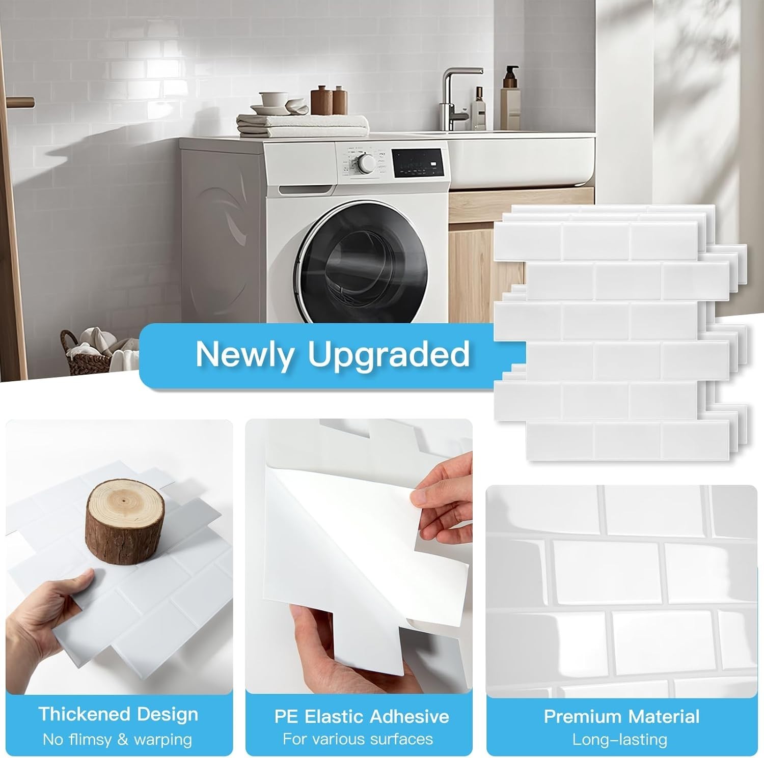 Modern Peel and Stick Tiles – 12″x12″ Thicker White Washed for Kitchen & Bath