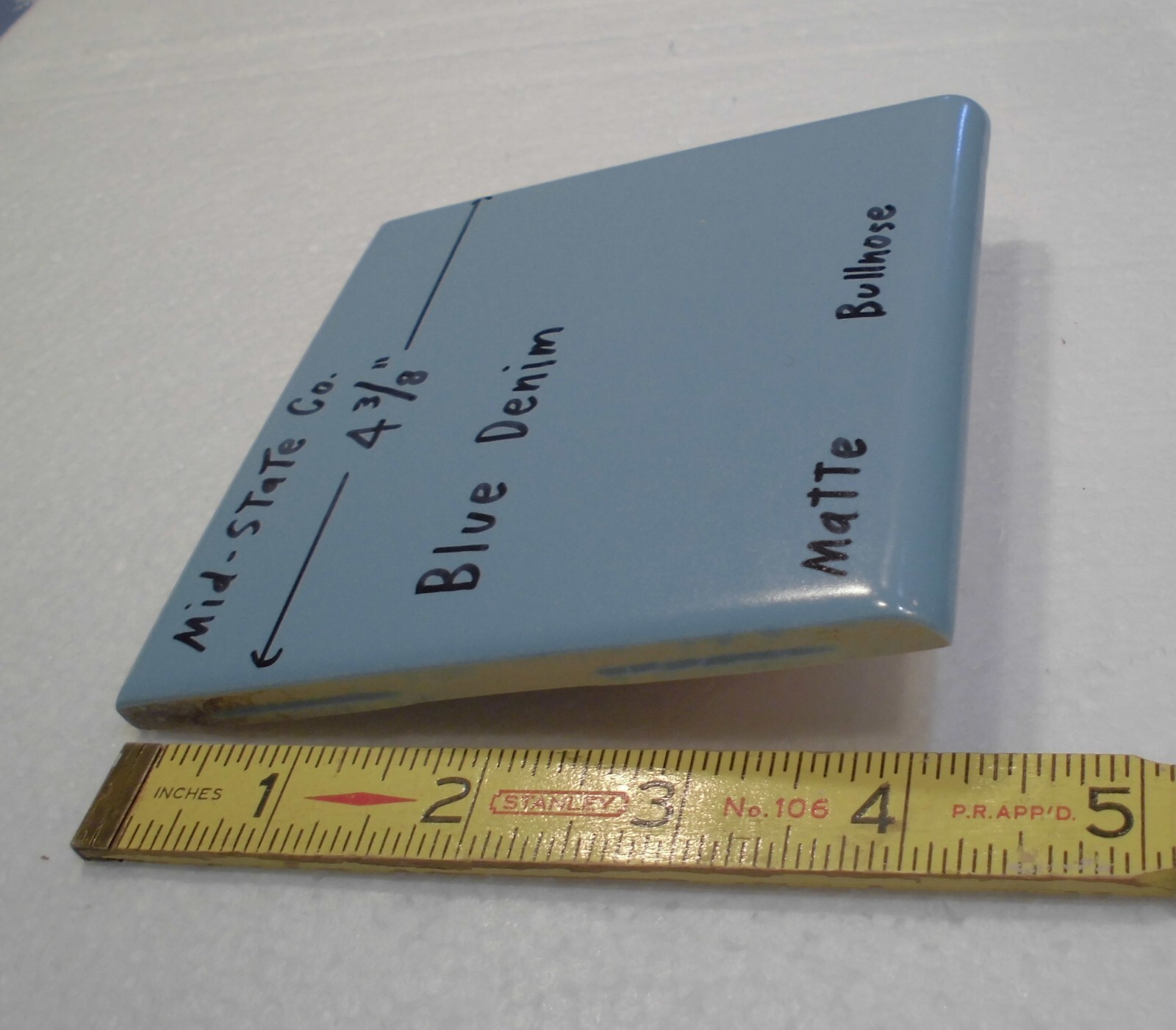 1 pc. Blue Denim: Matte Ceramic Bullnose Tile 4-3/8″ by Mid-State Co. NOS