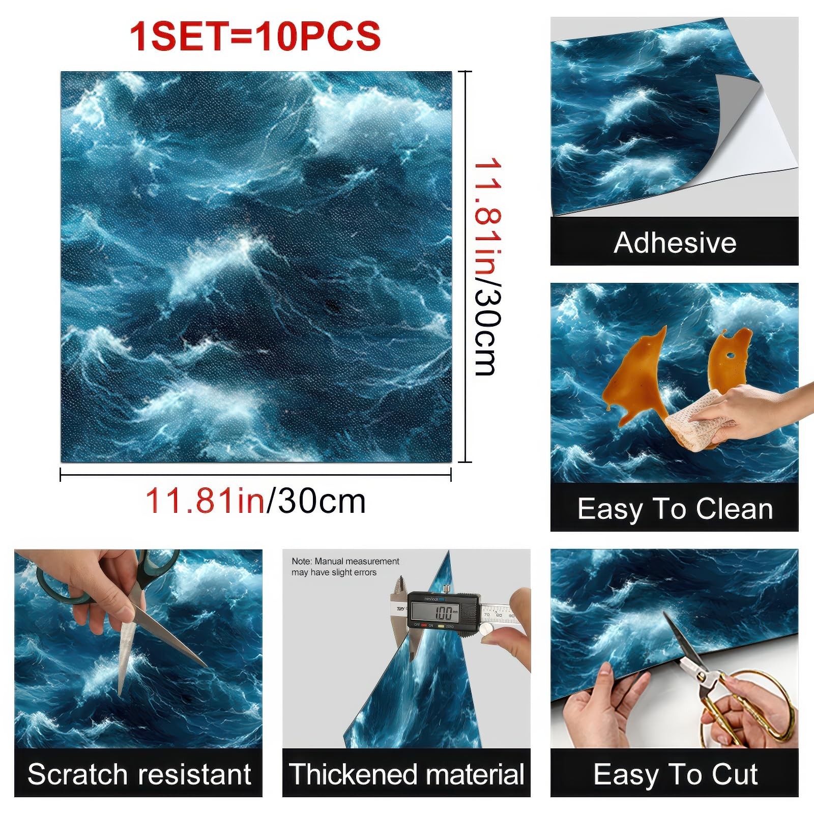 10PCS 12×12 Inch Deep Ocean Wave Look Peel and Stick Floor Tiles PVC Flat Sel…