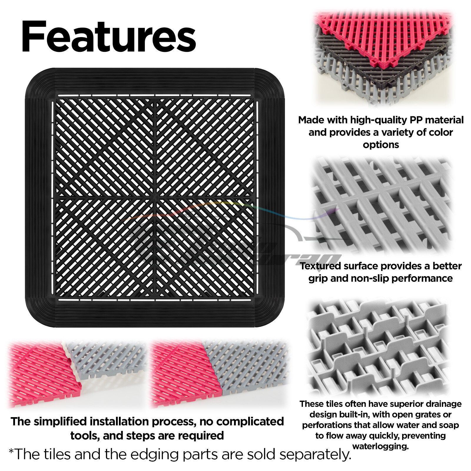 34pcs 16″x16″ Black Garage Floor Mat Perforated Flooring Tile Shop Interlocking