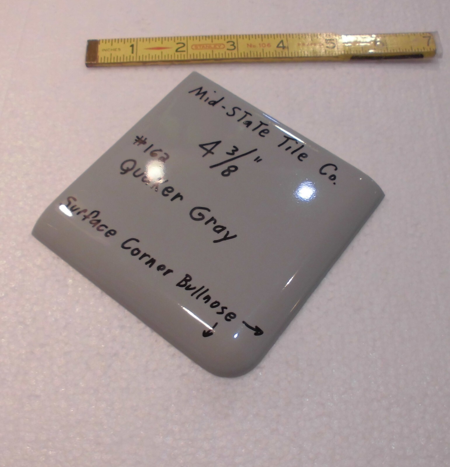 1 pc. *Quaker Dark Gray* Corner Bullnose Ceramic Tile 4-3/8″ by Mid-State Co.