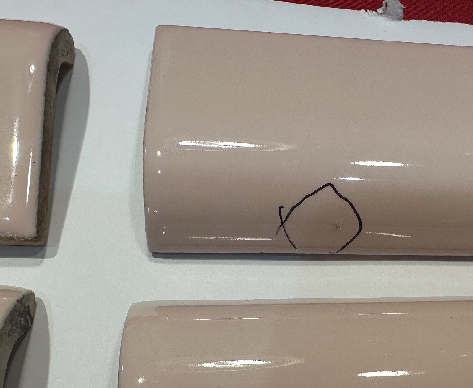 1pc. *Peachy Pink Mist* Glossy Ceramic Radius Mud Cap Bullnose Tile; 2″ X 6″ NOS