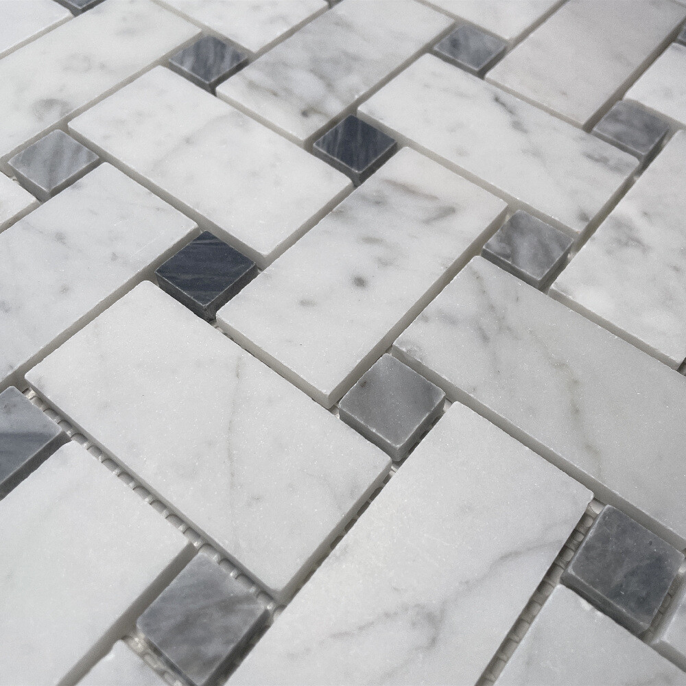 C65L7XH Carrara White Marble Basketweave Mosaic Tile Bardiglio Gray Dots Honed