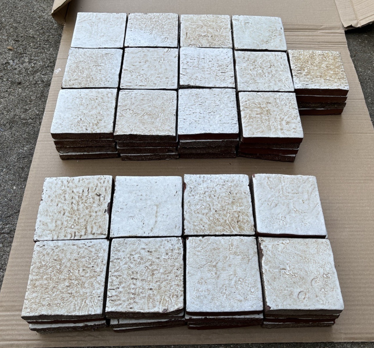 4 Vintage Hand Made Mottled Glazed Field Tile THICK 3 7/8″sq Set of 4 NOS #B