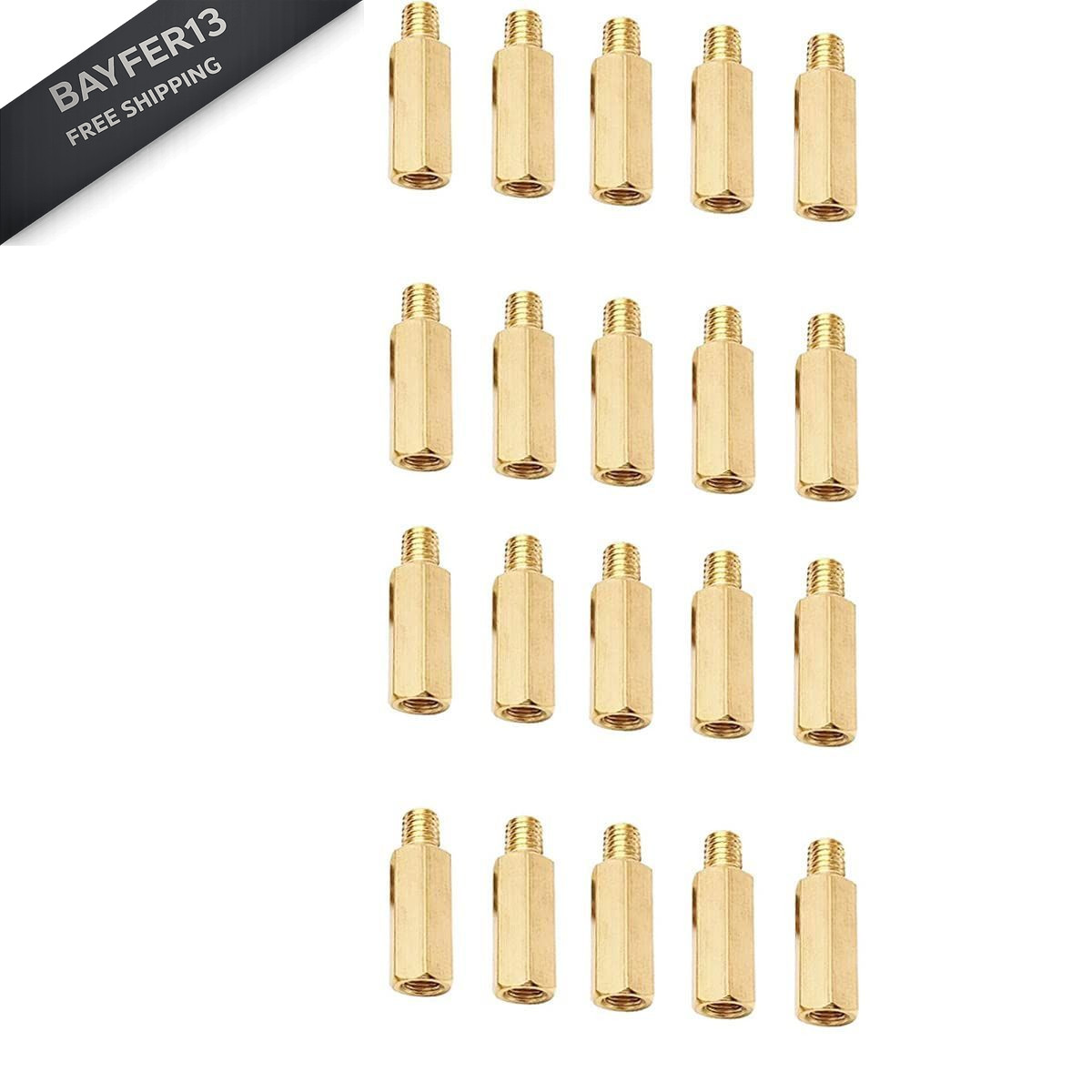 Male to Female Thread Spacer Screws Brass Hex Standoff M3 x 10mm + 6mm, Gold