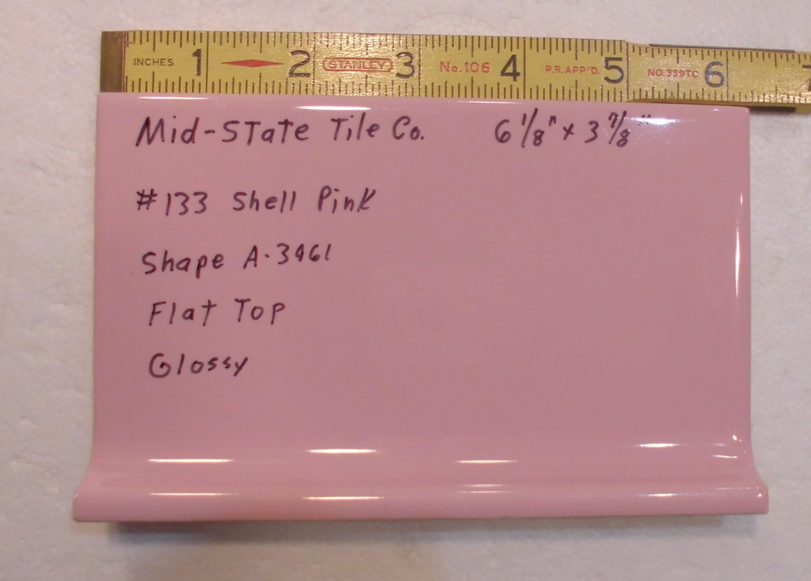 1 pc. Shell Pink: 4” X 6” Glossy Ceramic Cove Base Tile by Mid-State: Flat Top
