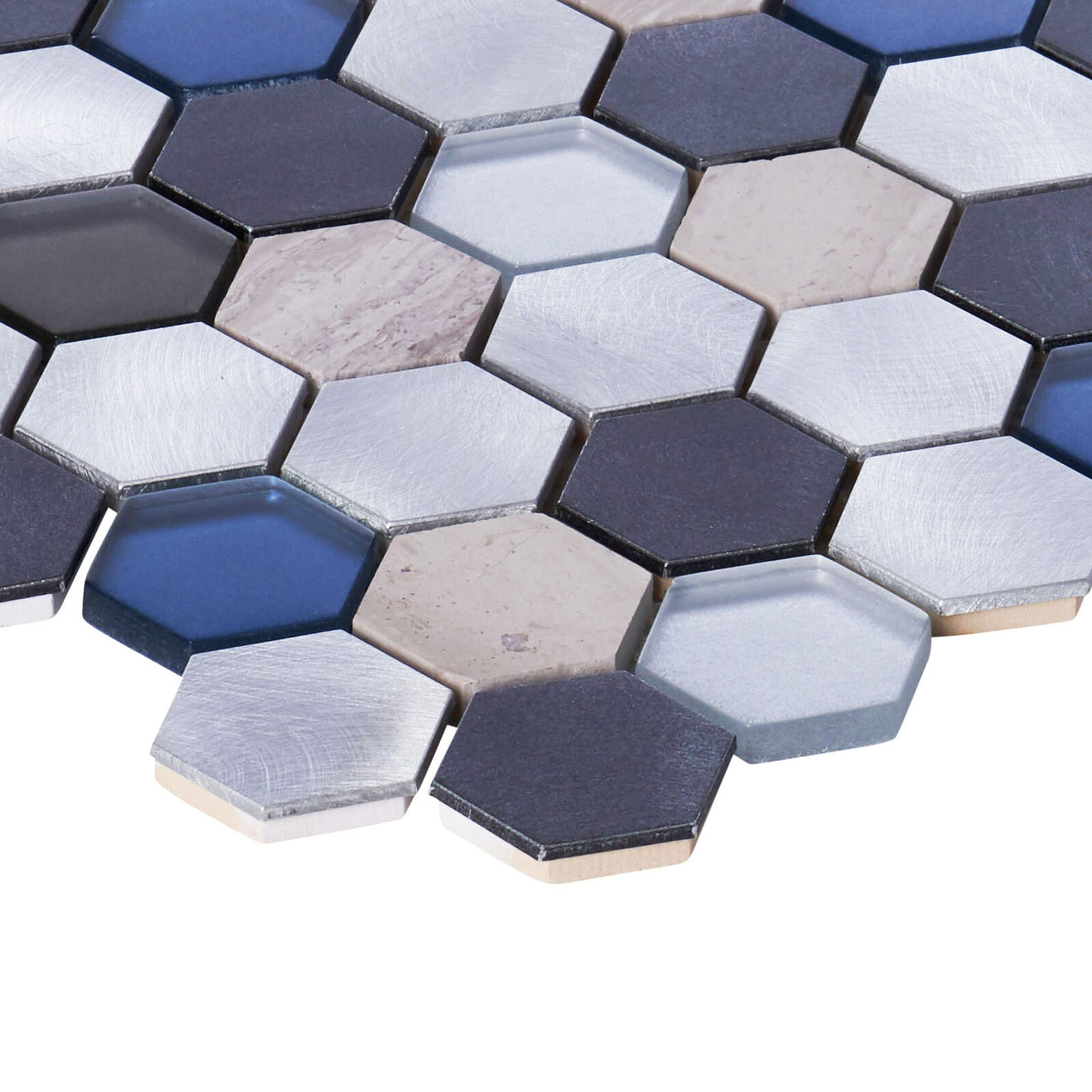 Gray Marble Blue Glass Metallic Aluminum Hexagon Mosaic Kitchen Bath Backsplash