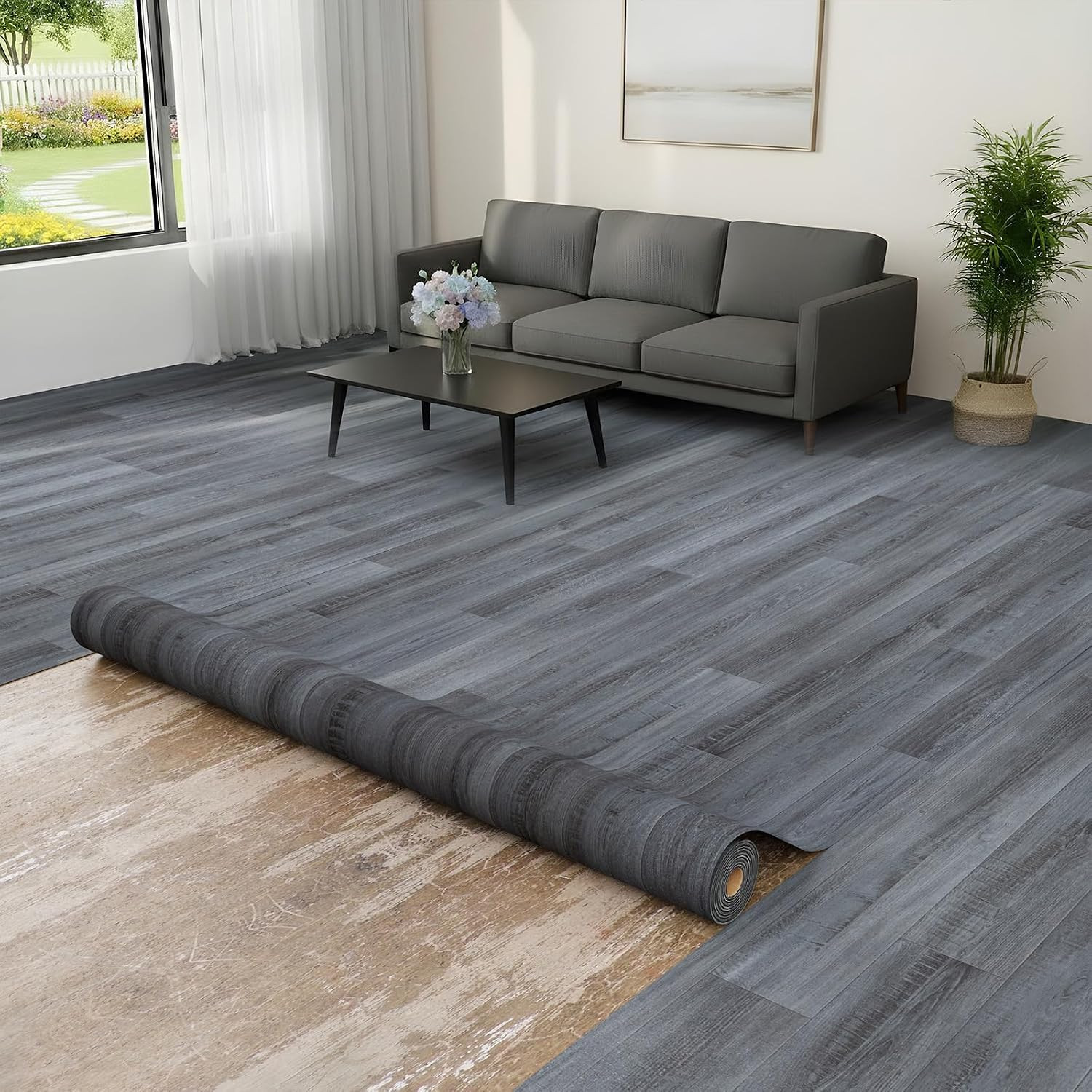Dark Grey Oak Vinyl Flooring Roll 39.4″ x 196.8″ – Waterproof & Easy DIY