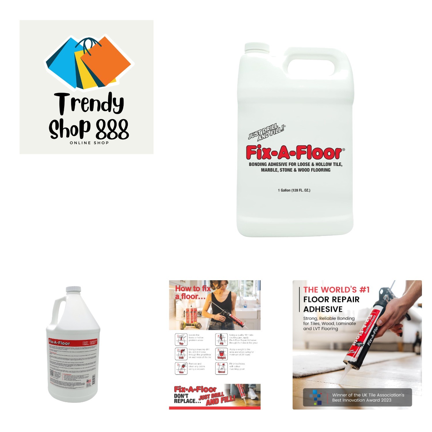Universal Loose Tile Repair Glue for All Floors – 1 Gallon Jug, Self-Leveling