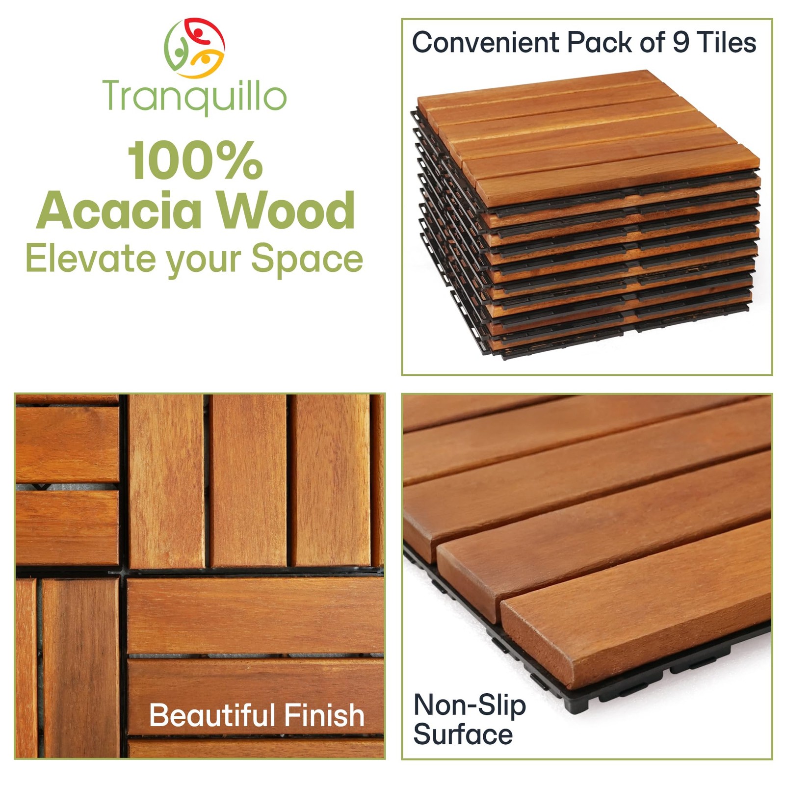 Tranquillo Interlocking Deck Tiles 12”x12”, Acacia Wood Patio Tiles, Waterpro…