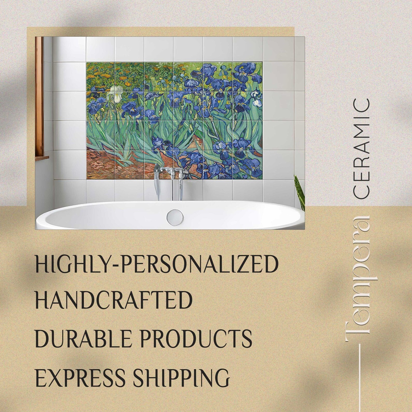 Irises by van Gogh on a tiles mosaic, Irises tile backsplash, floral tile art