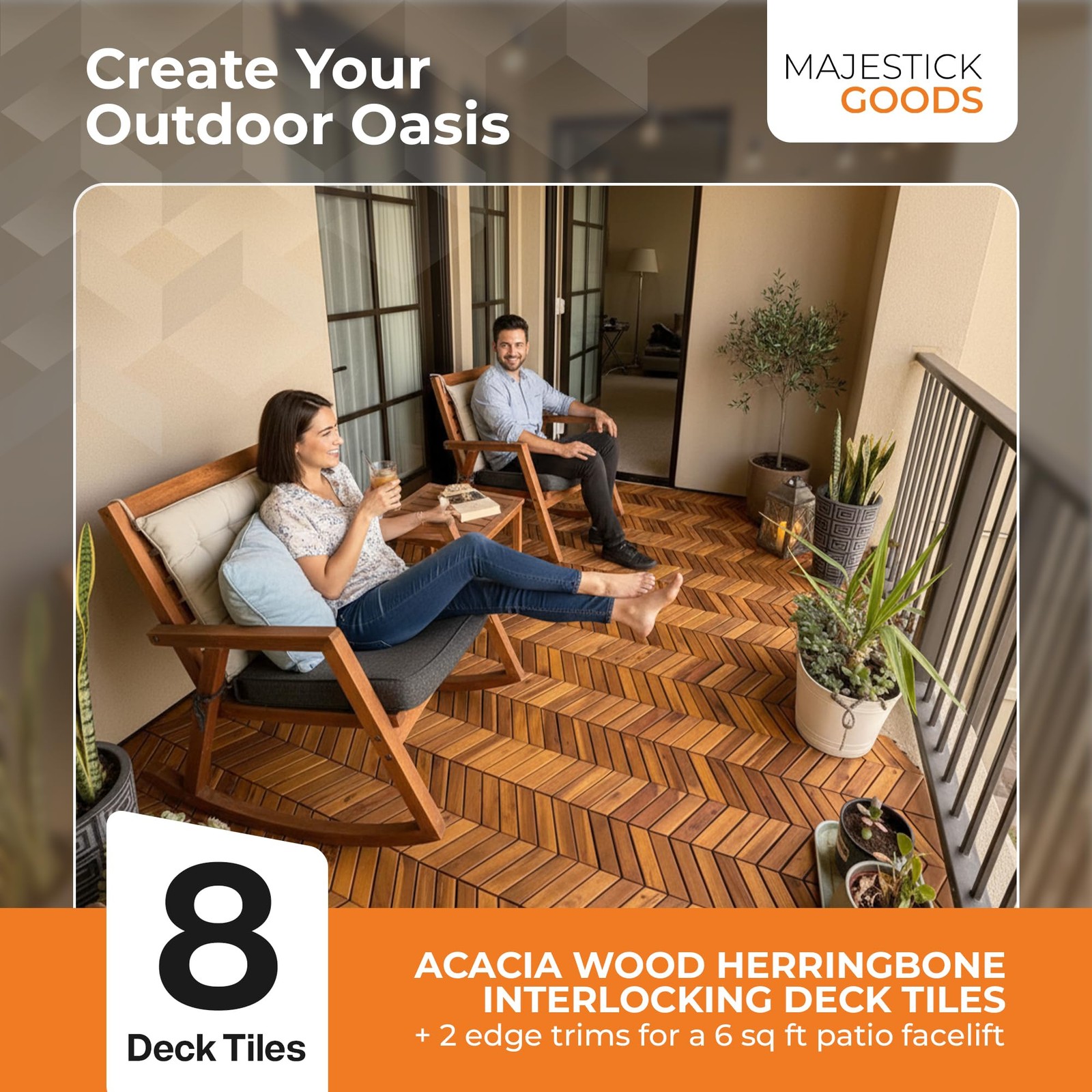 Interlocking Deck Tiles, 8-Pack Herringbone Acacia Wood Patio Tiles with 2 Ed…