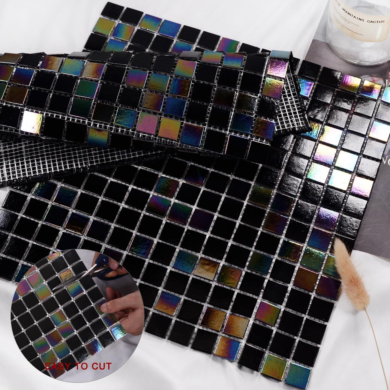 11.5Sqft Iridescent Black Mosaic Tiles for Bathroom Floor and Wall, Kitchen Back