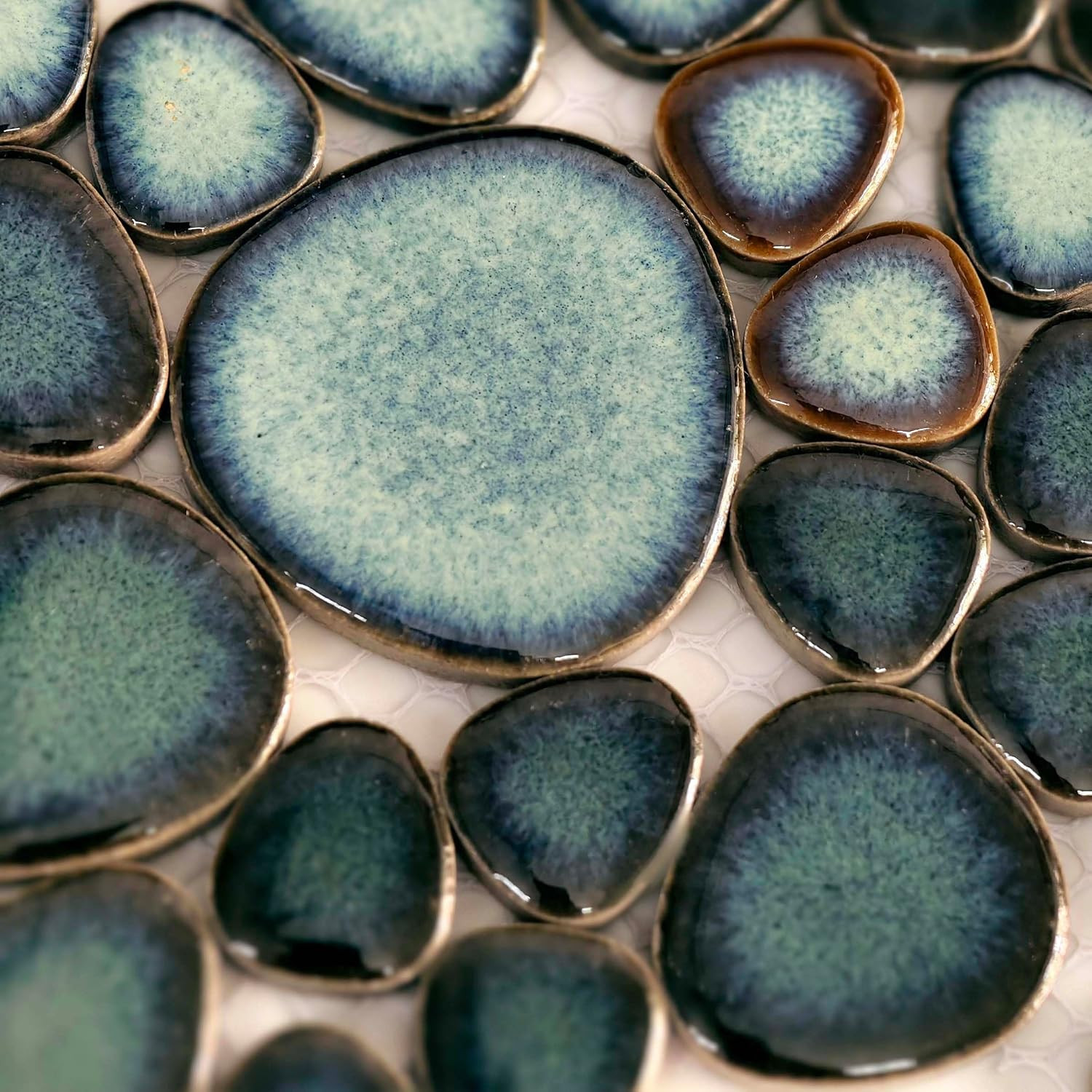 Teal Blue & Bronze Ceramic Pebble Mosaic Tile, 12×12 Sheet for Spa & Backsplash