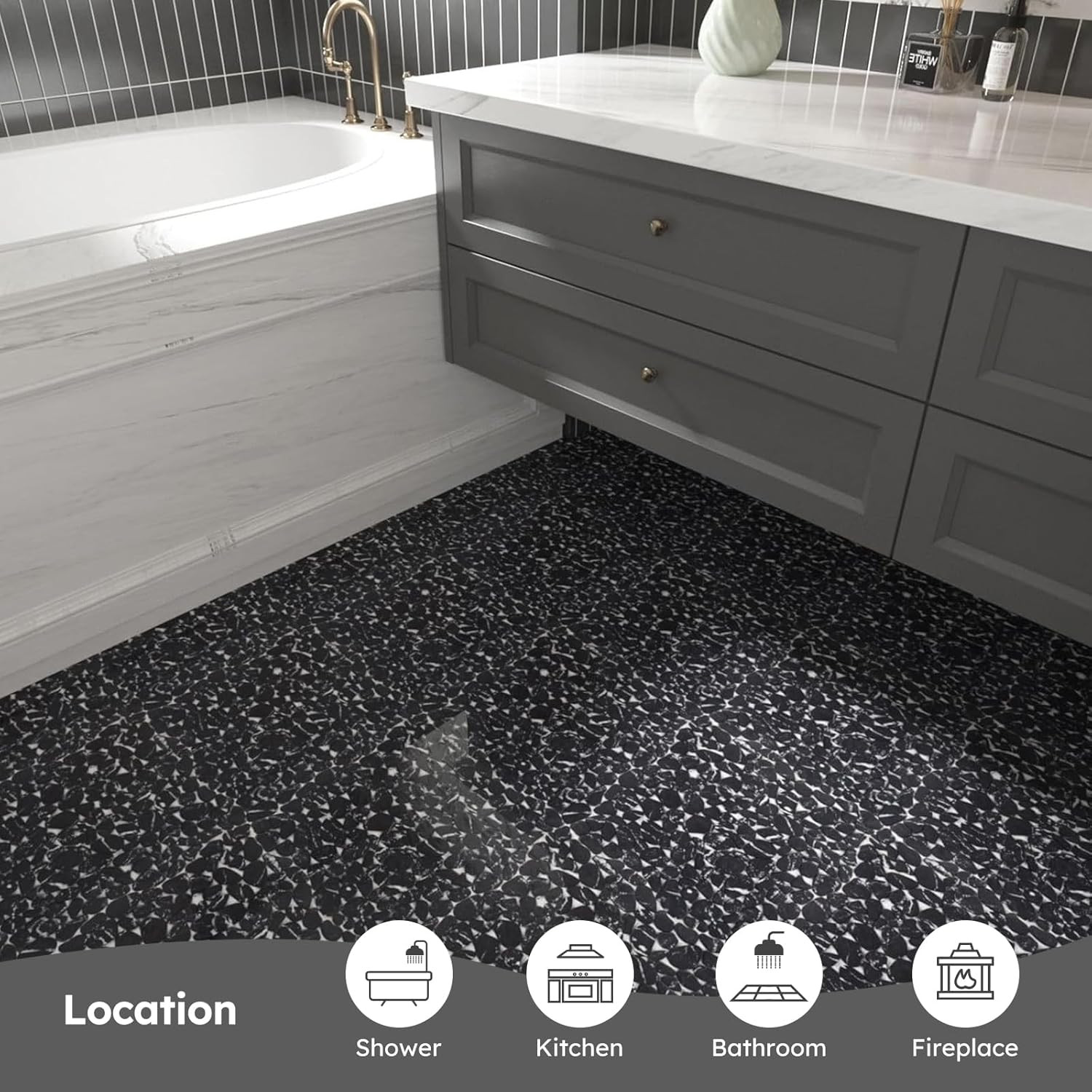 Elegant Black Marble Veins Pebble Tile for Shower & Bathroom Décor