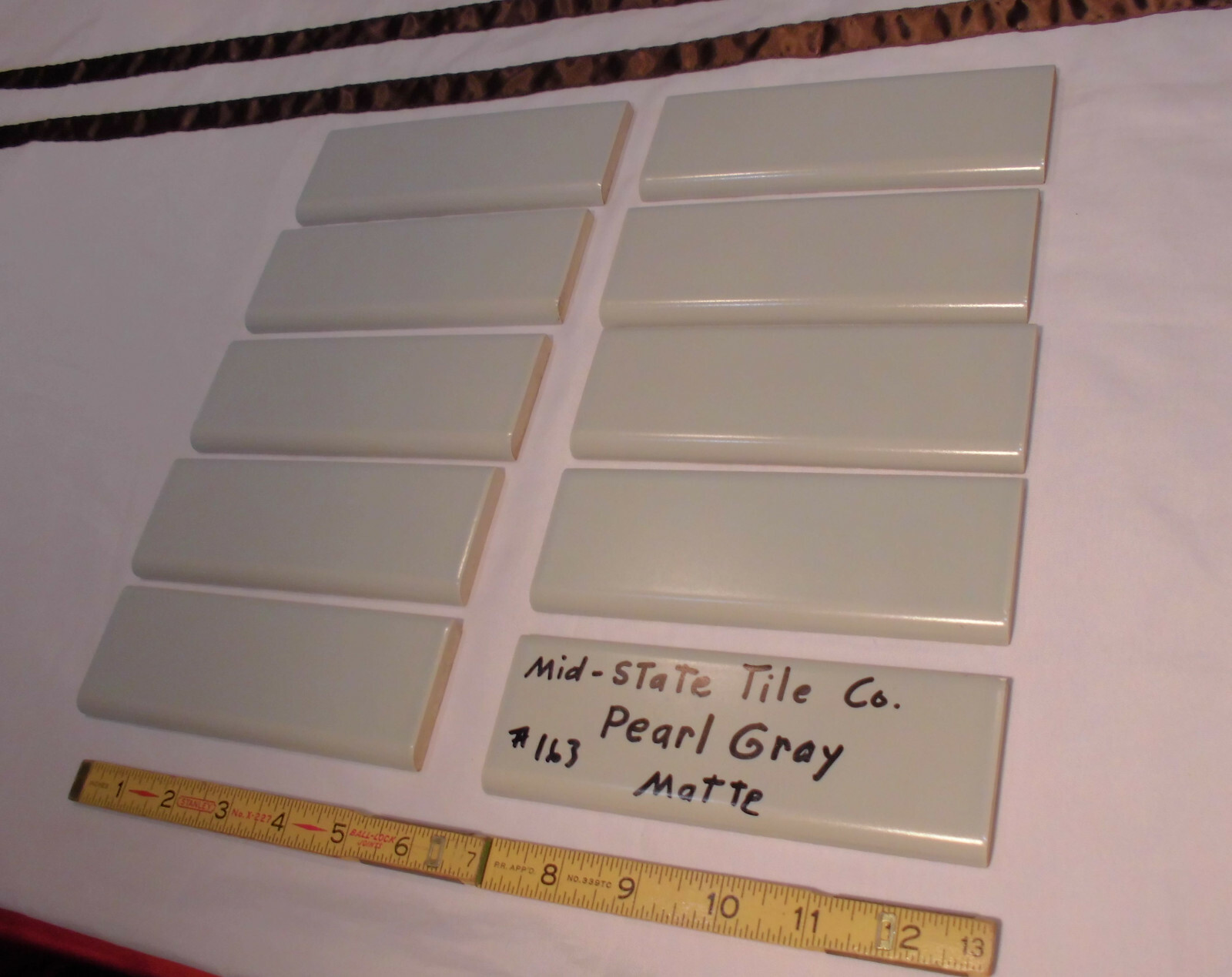 10 pcs. Vintage Matte *Pearl Gray* 2” X 6” Surface-Flat Bullnose Ceramic Tiles
