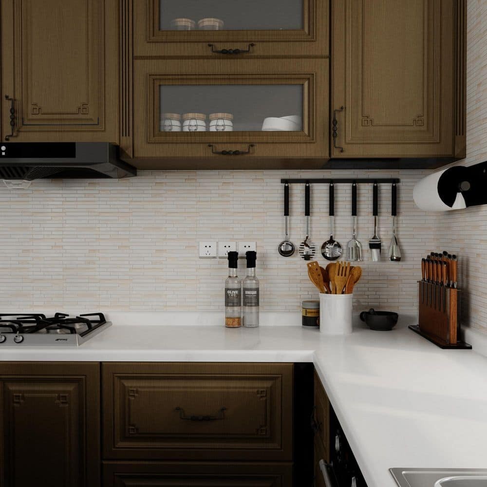 Jeedeson 12 x 12 in. Vinyl Peel and Stick Tile Backsplash Stone Beige (10-Pack)