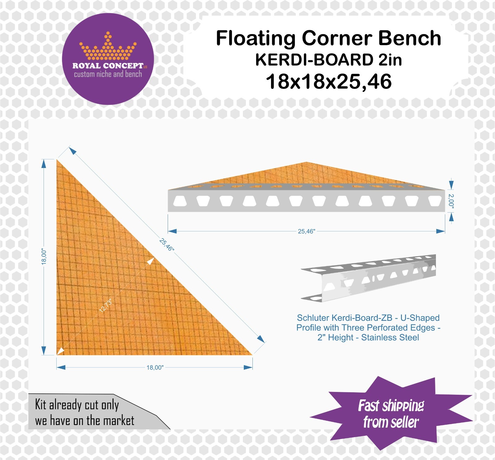 Shower Floating Bench – Schluter Kerdi-Board 2″ with Stainless Steel – Face 26in