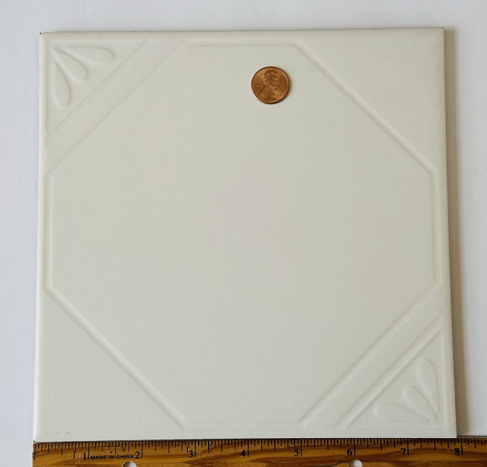 1 pc. Off-White with Pattern Ceramic Floor Tile: 7-7/8″ Smooth, Made USA