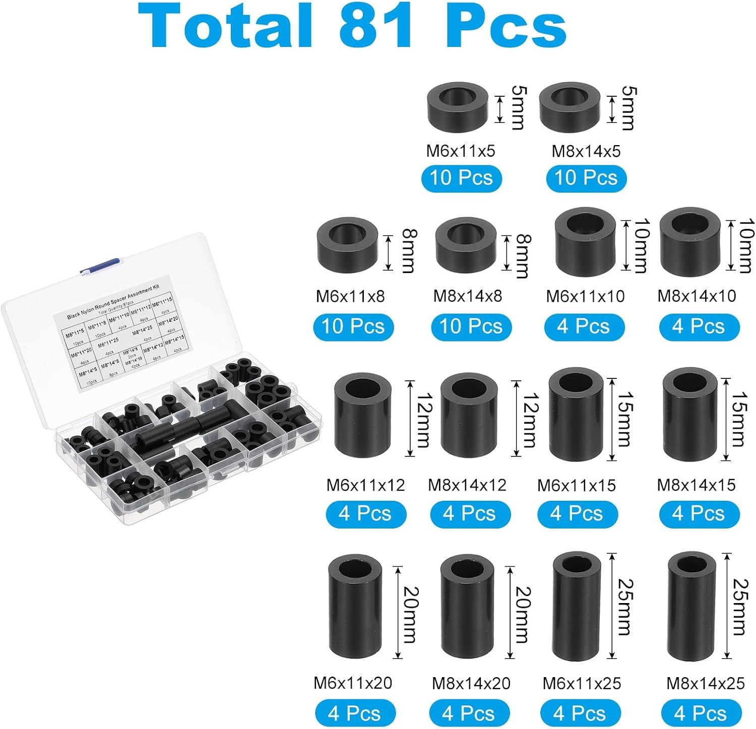 PATIKIL M6 M8 Nylon Spacer, 81Pcs Round Spacer Standoff Non-Threaded Black