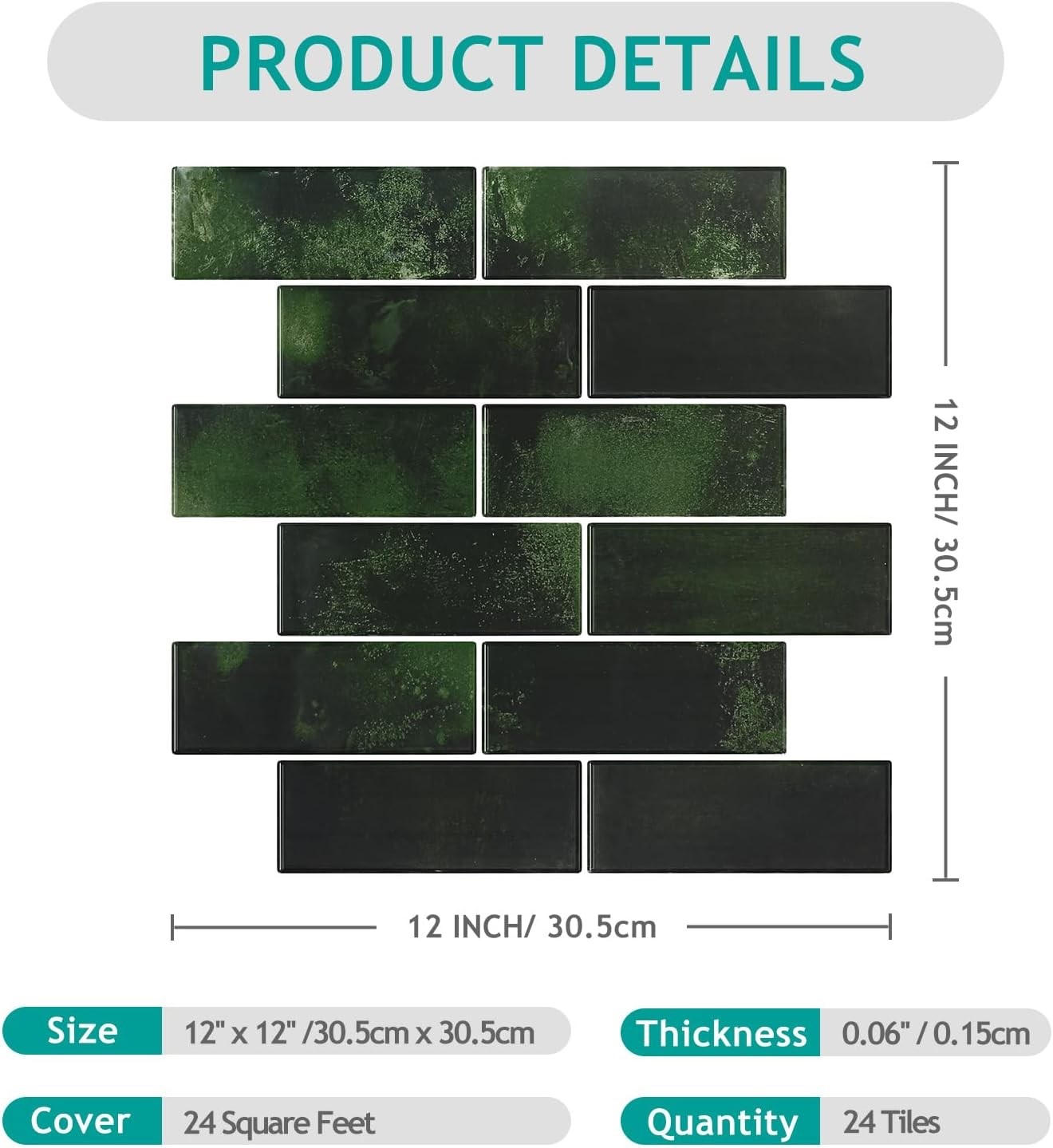 VEELIKE 24-Sheets Retro Green Subway Tile Peel and Stick Backsplash for Kitchen