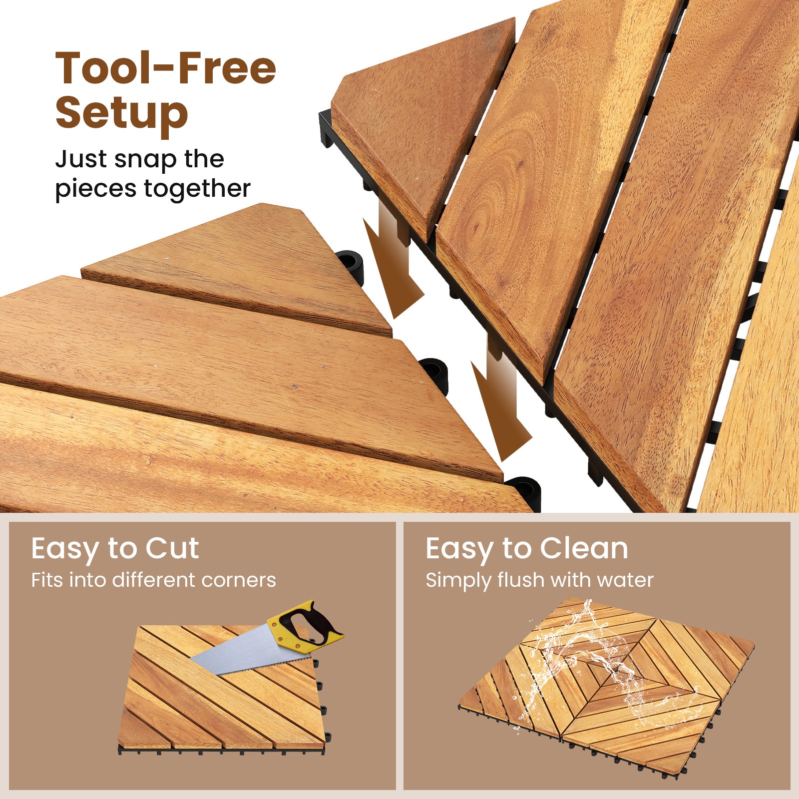 12″ x 12″ Acacia Wood Interlocking Deck Tiles48 PCS Waterproof Flooring Tiles