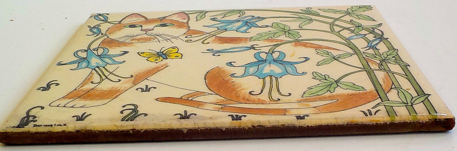 PAIR OF VINTAGE CERAMIC TILES-CAT/FLORAL MOTIFF-SIGNED-LINDA DOUGLAS-ENGLAND