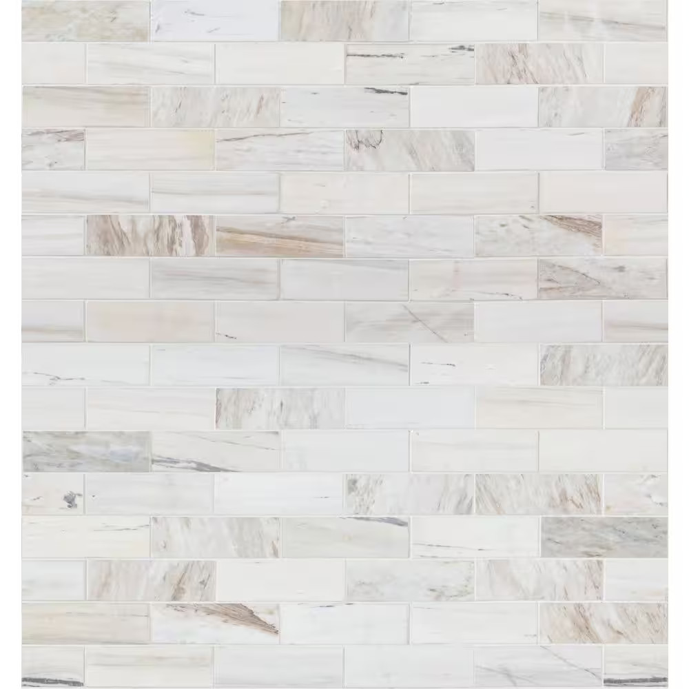 Angora Subway 12 In. X 12 In. Polished Marble Mesh-Mounted Mosaic Floor and Wall