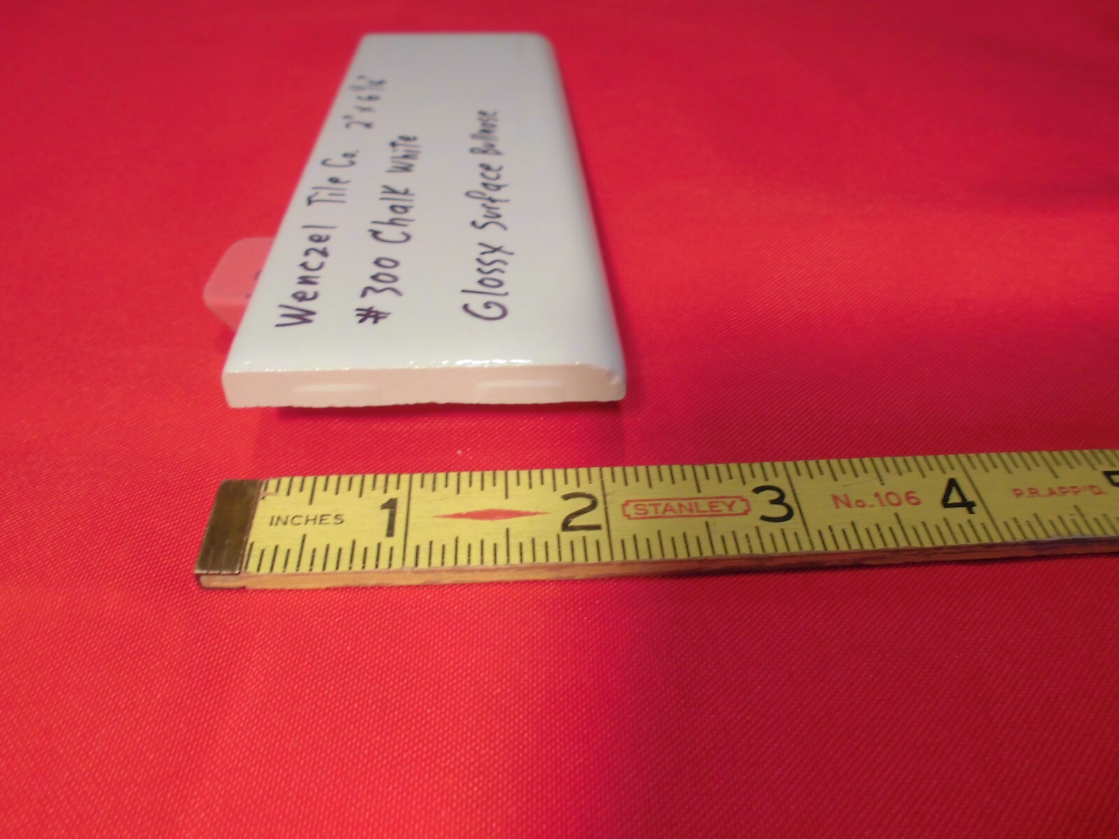 1 pc. Chark White: Glossy Ceramic Bullnose Tile by Wenczel 2″ X 6-1/16″ NOS