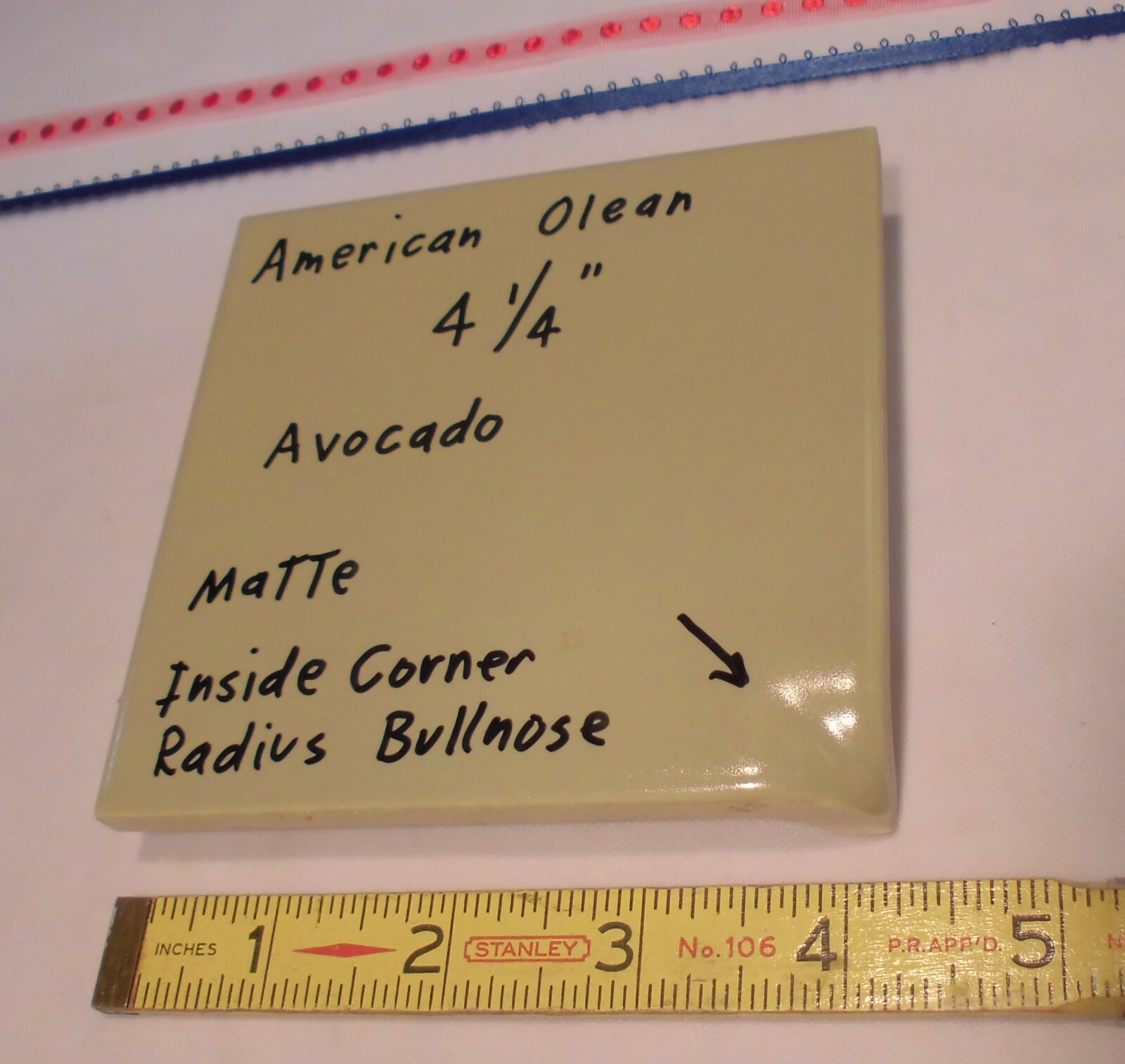 Avocado Green: Matte Radius Inside Corner Bullnose Ceramic Tile 4-1/4″ A.O.