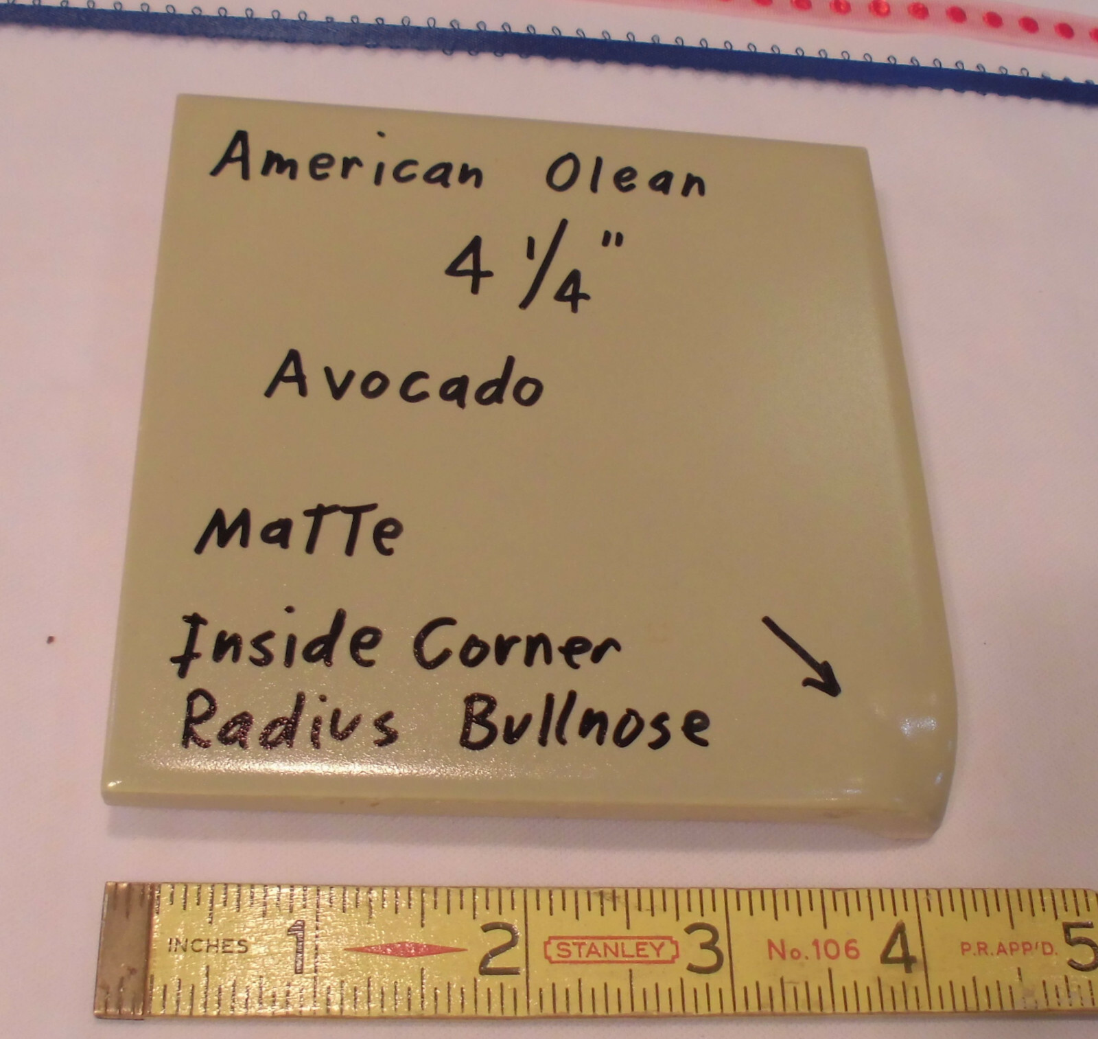 Avocado Green: Matte Radius Inside Corner Bullnose Ceramic Tile 4-1/4″ A.O.