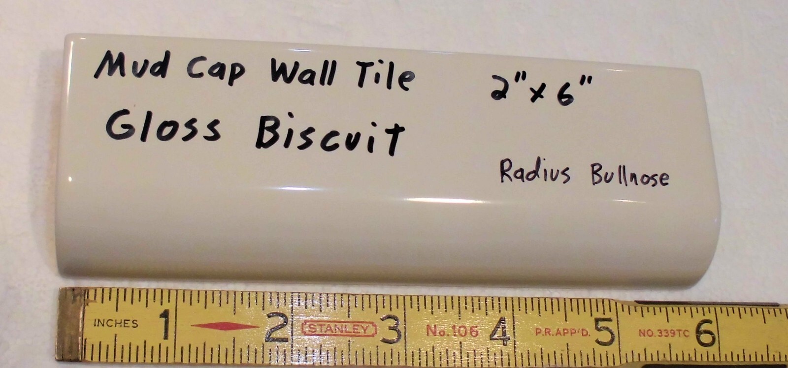 1 pc. Gloss Biscuit: 2″ X 6″ X 3/4″ Ceramic Radius Bullnose Tiles, Mud Caps, New
