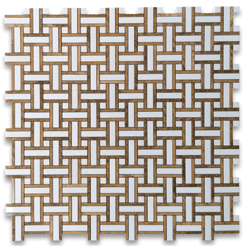 T66A8XP Thassos White Marble Twine Basketweave Mosaic Tile Yellow Woodgrain