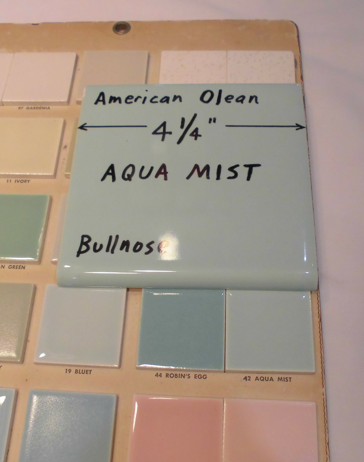 1 pc. *Aqua Mist* Vintage Glossy Ceramic Bullnose Tile 4-1/4” blue-green by A.O.