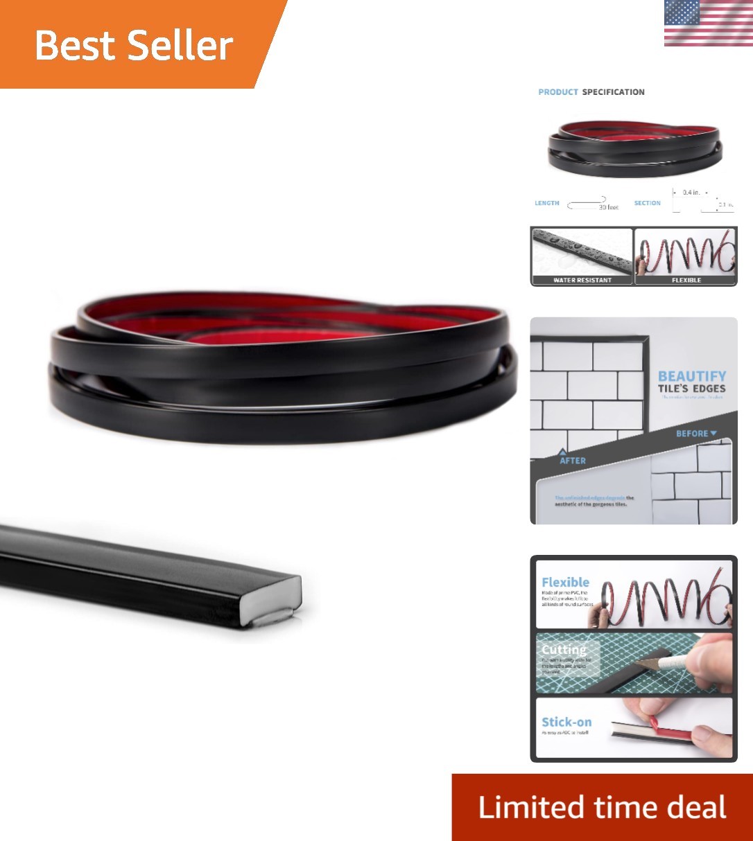 Artistic 30 Ft Black Peel and Stick Vinyl Trim – Perfect for Backsplash & More