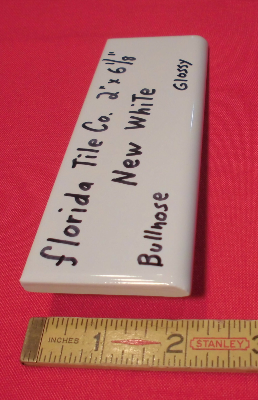 1 pc. Florida Tile Co. *Gloss New White #100* Bullnose Ceramic Tile, flat type