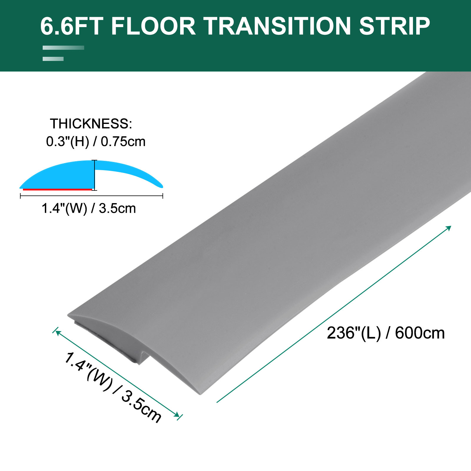 19.67ft PVC Floor Transition Strip Carpet to Tile Strip Gray