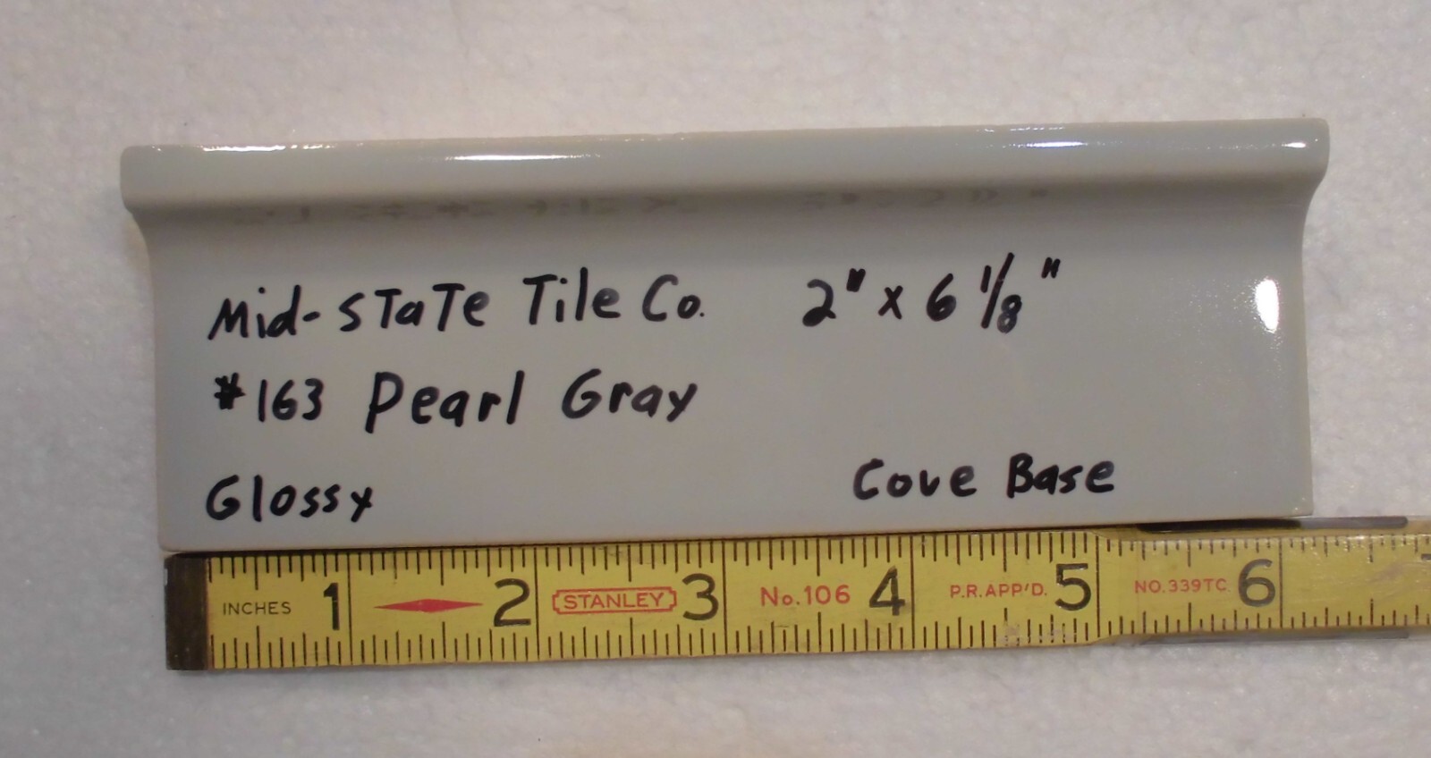 1 pc. Pearl Gray: 2” X 6-1/8” Glossy Ceramic Cove Base Tile, Flat Top, NOS