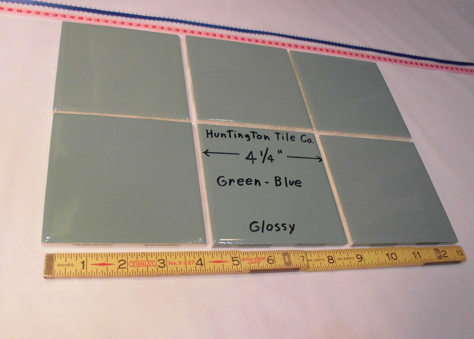 6 pcs. Glossy Ceramic Tiles *Green-Blue* 4-1/4″ Made USA by Huntington Co. NEW