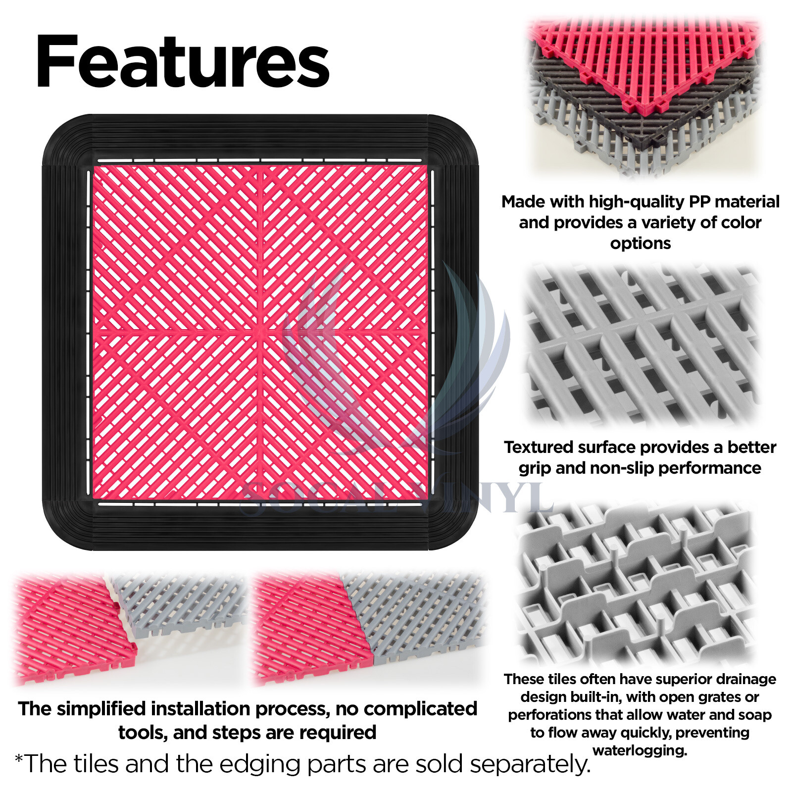 34pcs 16″x16″ Pink Garage Floor Mat Perforated Flooring Tile Shop Interlocking