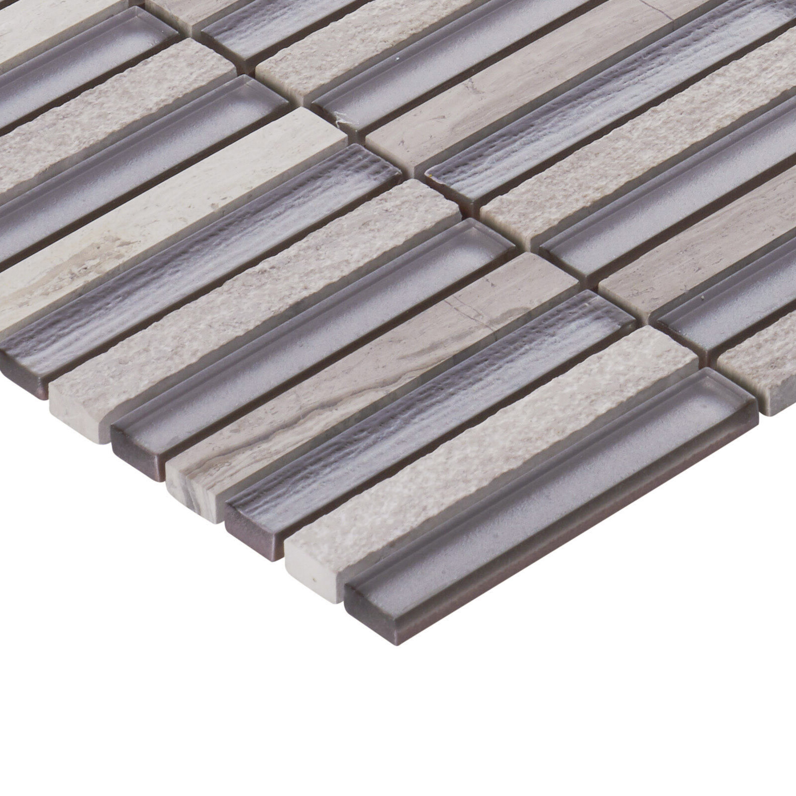 White Oak Stone Marble Gray Glass Earth Tone Stacked Mosaic Tile Wall Backsplash