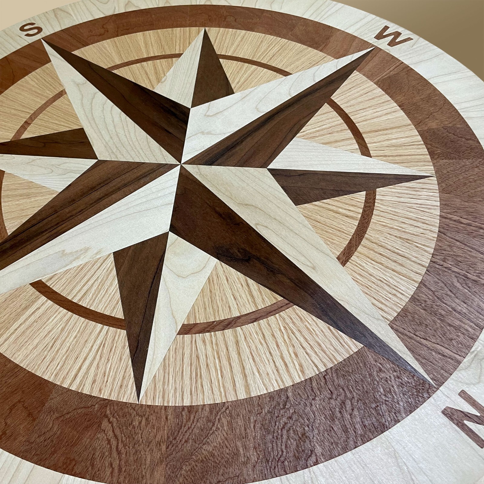 12″ x 3/4″ Wood Compass Floor Inlay – Handmade Decorative Hardwood Medallion