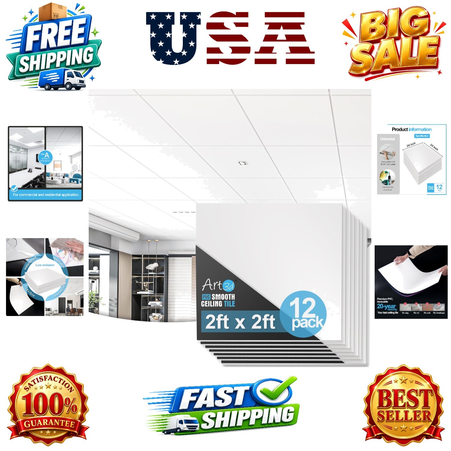 12-Pack Smooth Drop Ceiling Tile 2ft x 2ft – Fire-Rated, Waterproof, Reusable…