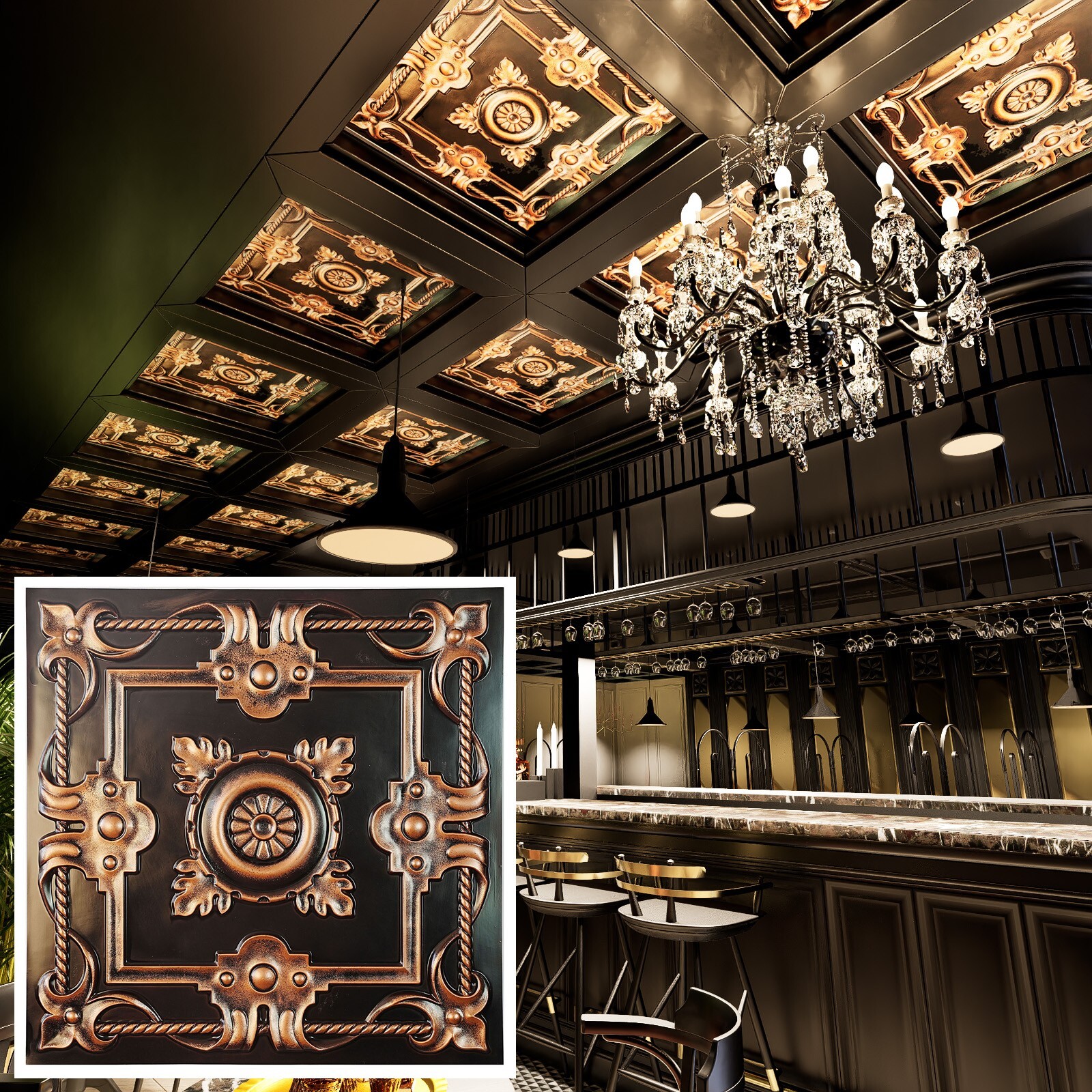 PVC Ceiling Tiles 3D Embossed Wall Panel 2’x2′ 10pcs PL29 Traditional copper