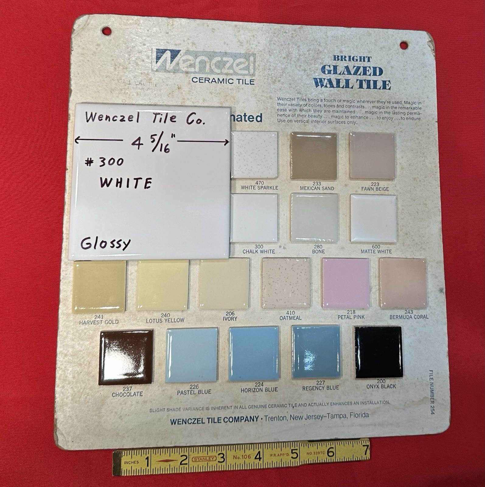 1 pc. Gloss White #300: 4-5/16″ Ceramic Tile by Wenczel Co. made 1960’s -1980’s