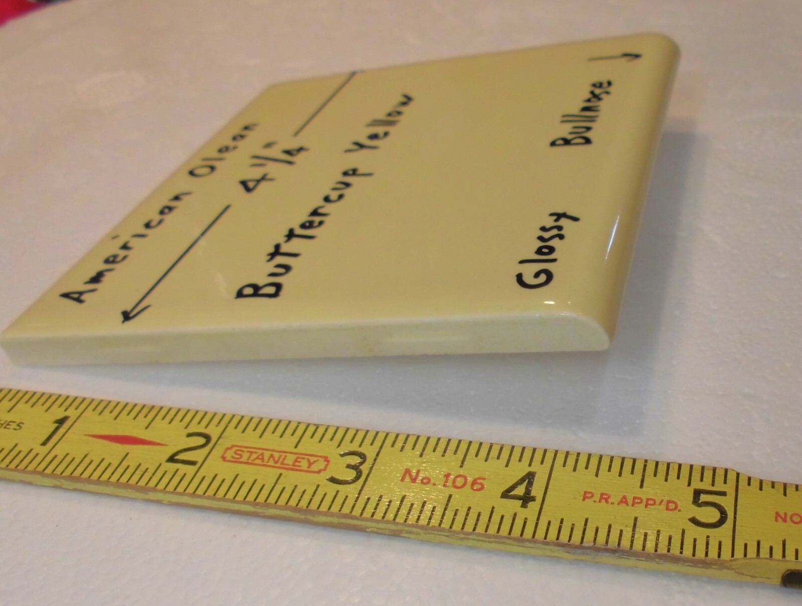 1 pc. Buttercup Yellow: 4-1/4″ Glossy BULLNOSE Ceramic Tile: American Olean, NOS