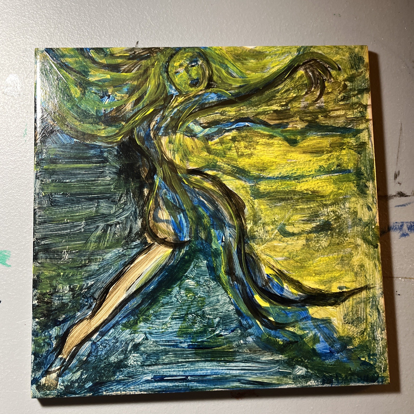 Hand painted Decor Bath/kitch.Ceramic Tile 8×8 Inches, OOAK, blue,green,signed